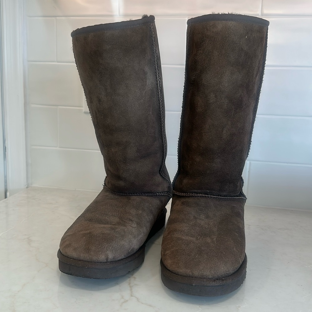 UGG Women’s Tall Chocolate Brown Suede Boots, Sz 10